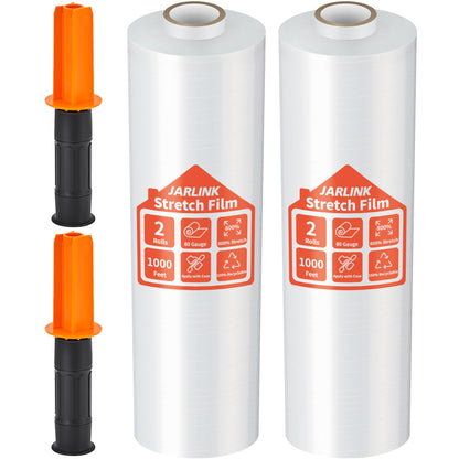 JARLINK Stretch Film, 80 Gauge,15 Inch x 1000 Feet Shrink Wrap for Pallet Wrap, Industrial Strength Stretch Wrap up to 800% Stretch with Handles, Moving Wrapping Plastic Roll, 2 Pack