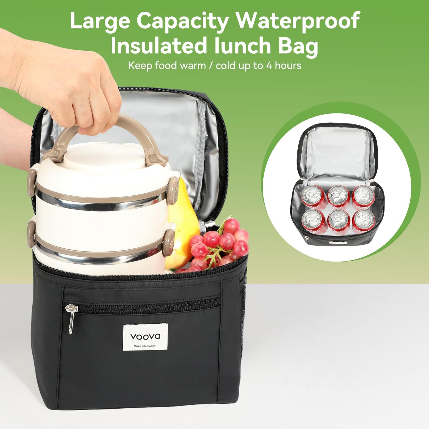 Voova Stackable Stainless Steel Thermal Lunch Box with Lunch Bag for Women Men Adult, 2 Tier Leakproof & Microwave Safe Insulated Bento Boxes Food Container for Work, Black