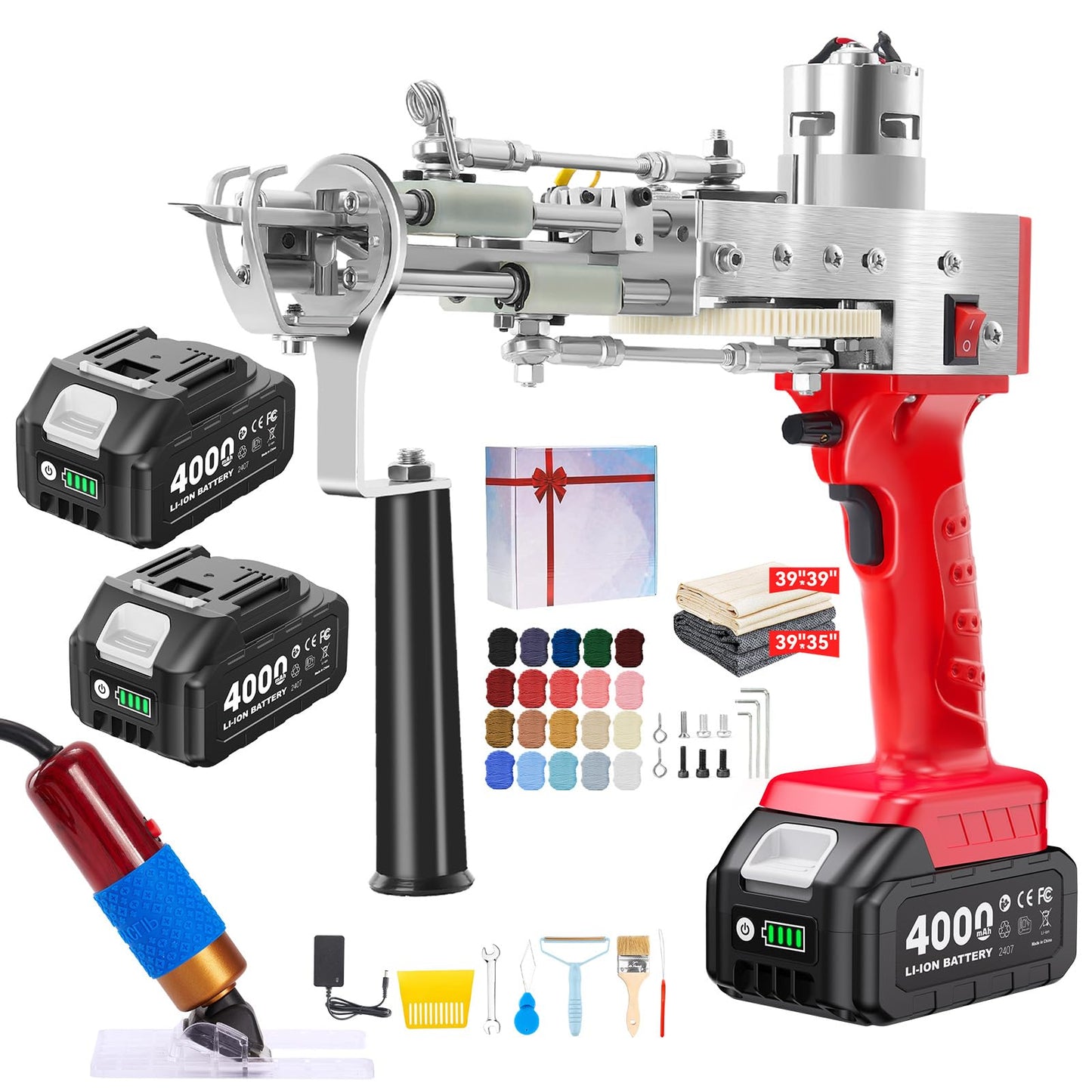 BESGEER Cordless Rug Tufting Gun with Carpet Trimmer Kit, Tufting Gun Starter Kit with 2pcs 4.0Ah Batteries，2 in 1 Cut Pile and Loop Pile Tufting Gun