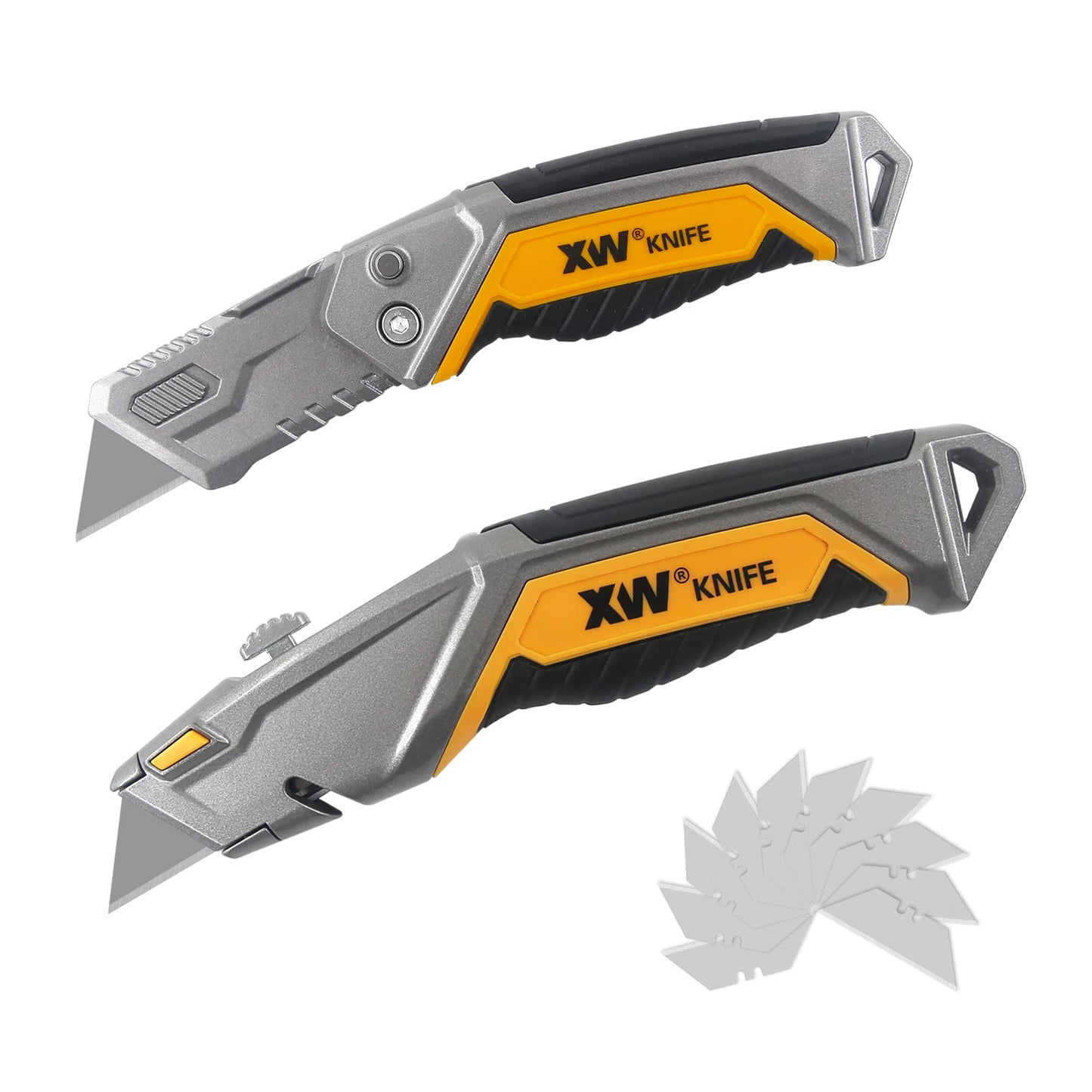 XW Utility Knife Set, Heavy Duty Zinc Alloy Retractable Box Cutter and Folding Utility Knife with Blade Storage Design, Total 18 PCS Blades Included, 2-Pack