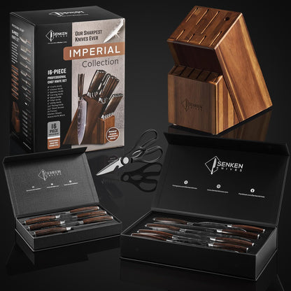 SENKEN 16-Piece Natural Acacia Wood Kitchen Knife Block Set - Japanese Chef's Knife Set with Laser Damascus Pattern, Includes Steak Knives, Kitchen Shears, Santoku, Cleaver & More (Wooden Handles)