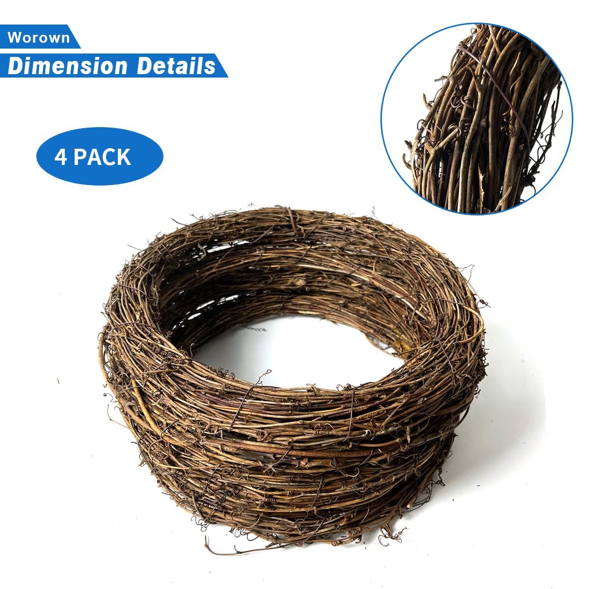 Worown 4-Pack 12 Inch Natural Grapevine Wreaths, Rattan Vine Wreath for DIY Christmas Crafts, Front Door Wall Hanging, Wedding and Party Decorations