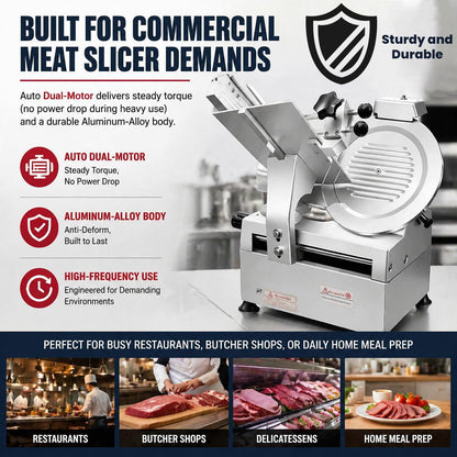 550W Commercial Meat Slicer with 12" Carbon Steel Blade, Auto Dual-Motor, Adjustable Thickness 0-0.5 inch, 633 RPM Fast Slicing, Automatic Meat Slicer for Home, Restaurant, Butcher Shop, Kitchen