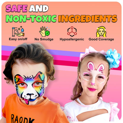 Drawdart Professional Face Painting Kit for Kids Adults, Large Split Cake Face Paint Palette with Glitters, One Stroke Non-Toxic Rainbow Face Body Makeup Kit for Festival, Party & Cosplay Makeup