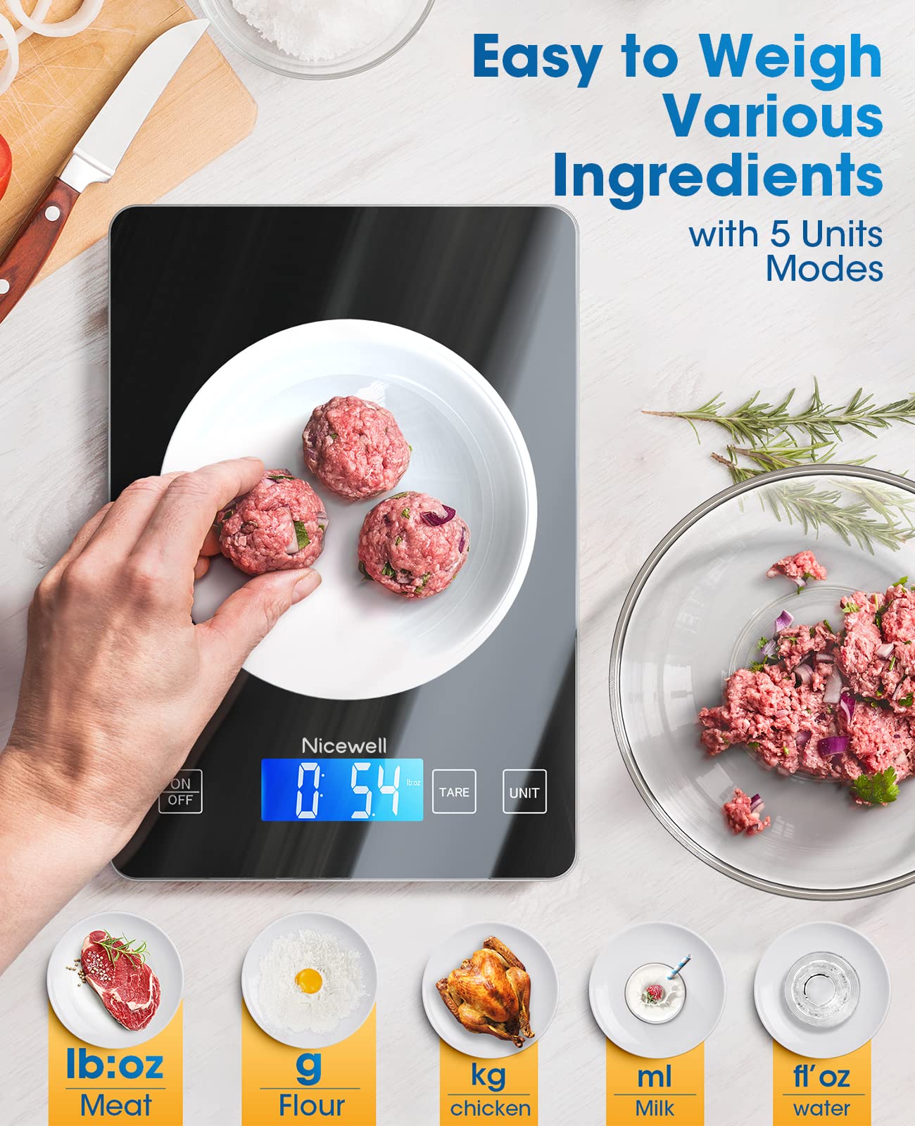 Nicewell Food Scale Digital Weight Grams and oz, 22lb Kitchen Scale for Cooking Baking, 1g/0.1oz Precise Graduation, Sleek Tempered Glass Platform
