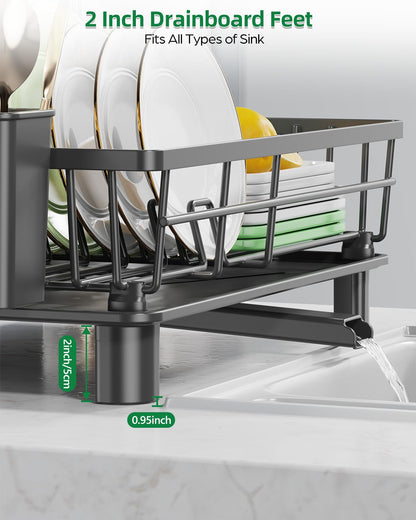 CosyPic Dish Drying Rack for Kitchen Counter, Stainless Steel Drainer Anti Rust, Smart Drainage System Drainboard with Detachable Cutlery Holder, Handwash Dish Helper for Home, Apartment Space Saving
