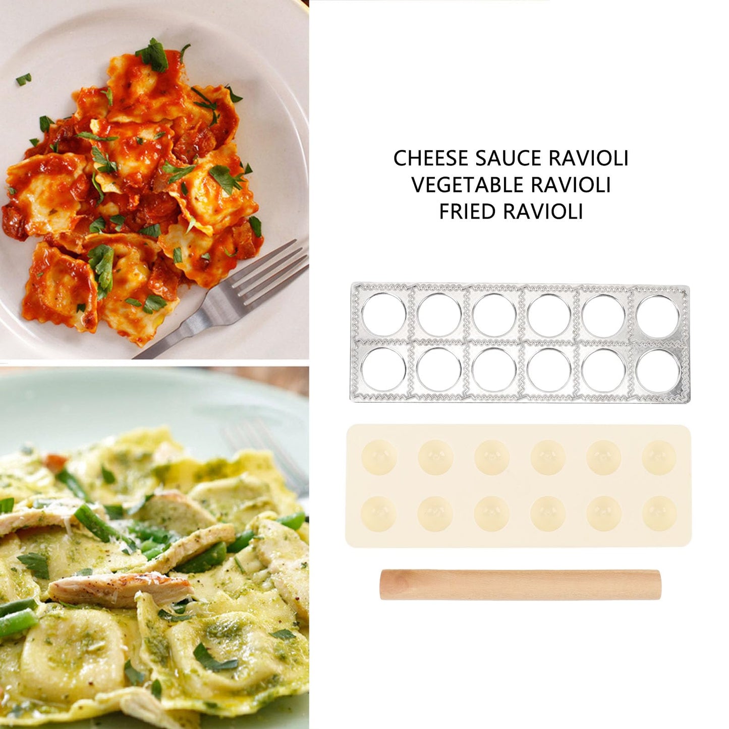 WAHEWUD Ravioli Cutter Aluminum Alloy 12 Cavity Ravioli Mold Set with Solid Wood Rolling Pin Consistent Shape Design Empanada Maker Press for Home Kitchens Tortellini Dough Types