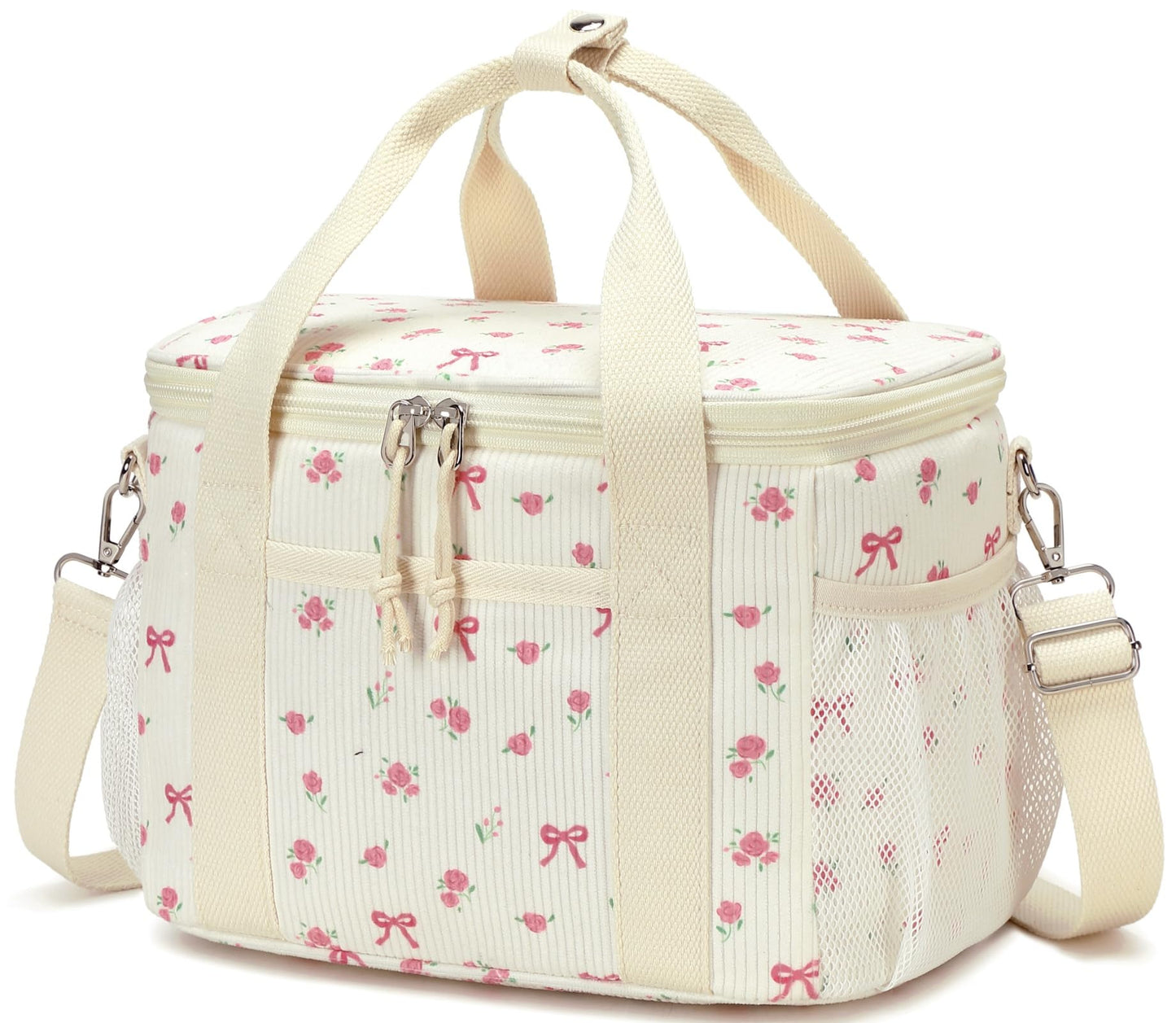 BTOOP Insulated Lunch Bag for Women, Cute Leakproof Lunch Tote, Large Capacity Aesthetic Lunch Box Bag with Shoulder Strap for Work, School, Picnic Pink Bow Floral