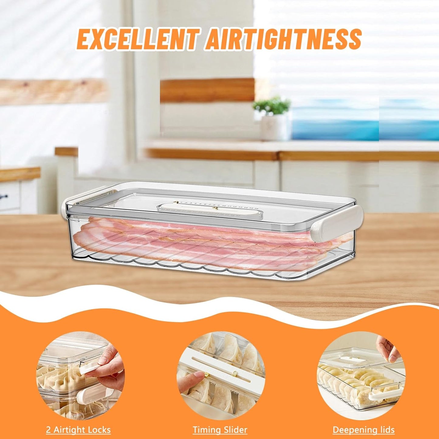 BigKing Bacon Container with Tongs, BPA Free Refrigerator Lunch Meat Keeper, Airtight Fridge Organizer with Lids