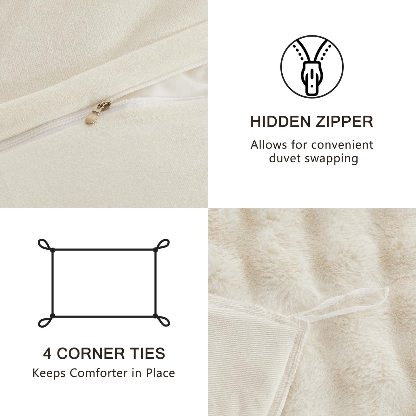 EMME Faux Fur Duvet Cover King Size, 3 Pieces Ultra Soft Fluffy Comforter Cover, Cozy Warm for Winter, Luxury Elegant Shaggy Bubble Design Bedding, 1 Duvet Cover & 2 Pillow Shams (King, Cream White)
