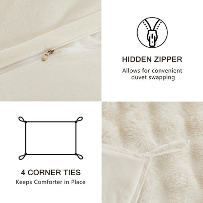 EMME Faux Fur Duvet Cover King Size, 3 Pieces Ultra Soft Fluffy Comforter Cover, Cozy Warm for Winter, Luxury Elegant Shaggy Bubble Design Bedding, 1 Duvet Cover & 2 Pillow Shams (King, Cream White)