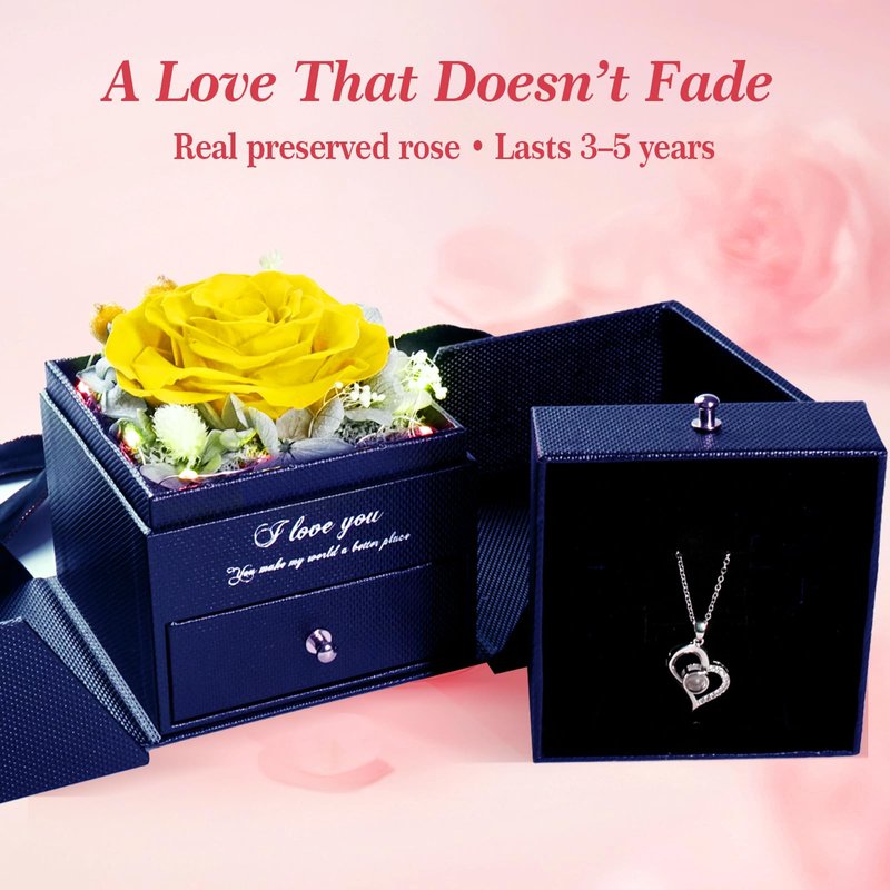 cdco Preserved Real Rose with Heart Necklace – “I Love You” in 100 Languages, Forever Romantic Anniversary Valentines Day Gifts for Her, Women, Wife, Girlfriend