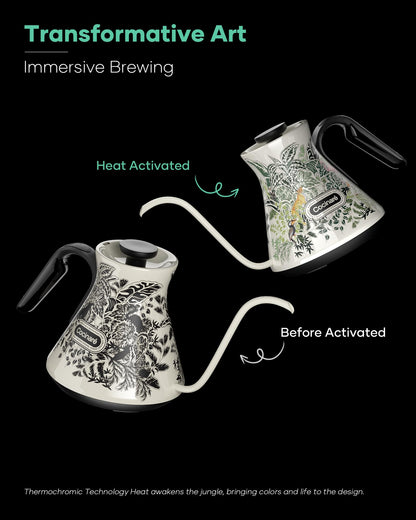 Cocinare Gooseneck Electric Kettle, ±0.5°F Precise Temperature Control, 1500W Fast Heating, Pour-Over Coffee & Tea, Stainless Steel, 0.6L (Color-changing Jungle Design)
