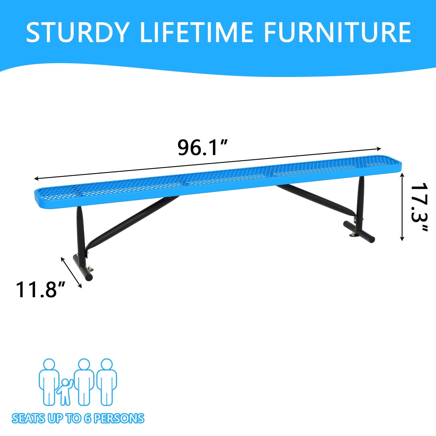 Sunnibety 8 Feet Heavy Duty Metal Park Bench for Outside, Outdoor Bench with Portable Frame, Commercial Benches for Shopping Mall, Store, Park, Patio, Deck, Blue