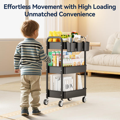 YASONIC 3 Tier Rolling Cart - Metal Utility Cart with Wheels, Hanging Cups, Hooks, Heavy Duty Mesh Rolling Storage Cart Organizer, Craft Cart for Kitchen Office, Lightweight and Sturdy