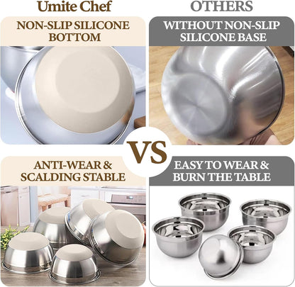 Umite Chef Mixing Bowls Set - 8PCS Stainless Steel Nesting Bowls with Airtight Lids & Grater | Non-Slip Bottoms, 1.5QT to 5QT
