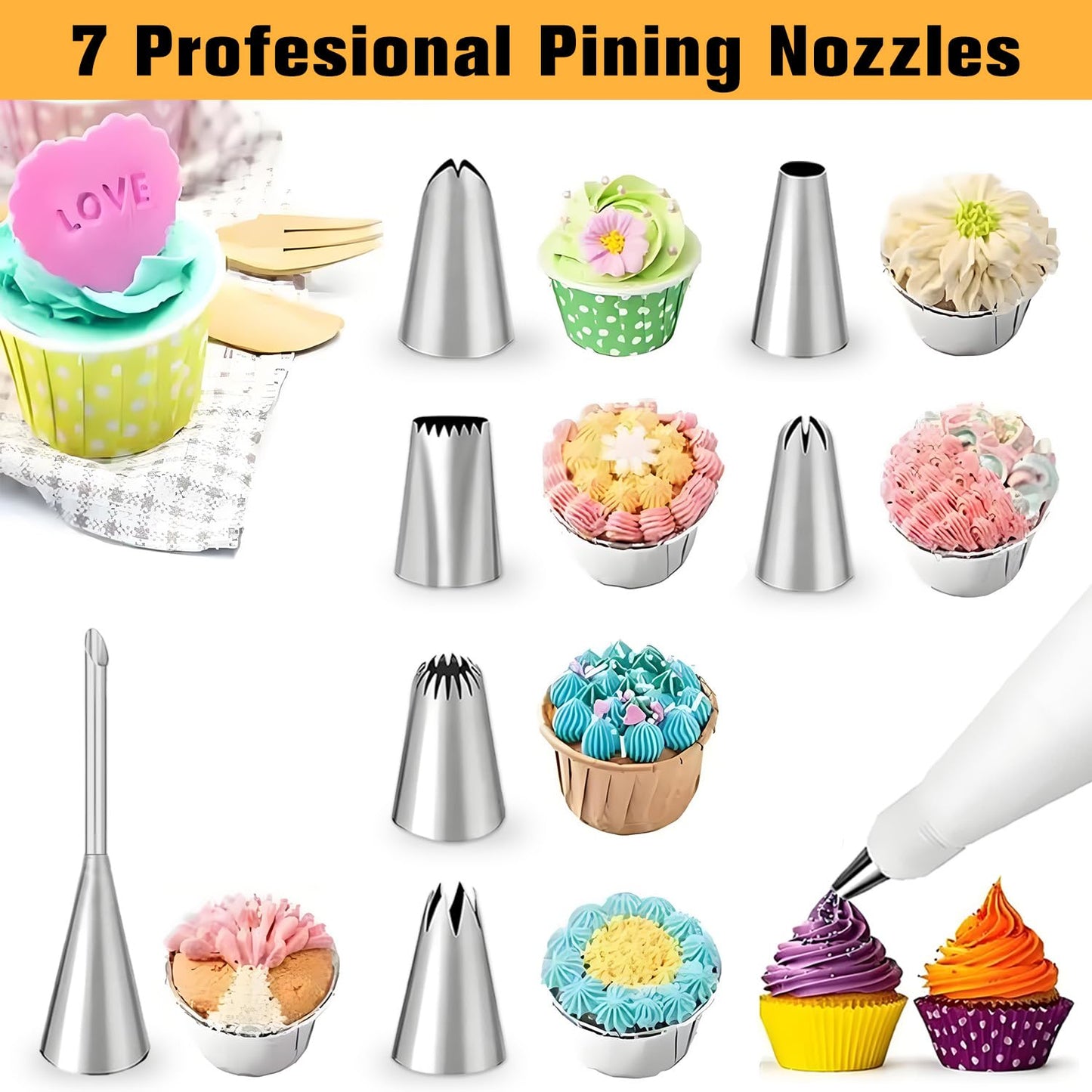 IOGOG Piping Bags and Tips Set – 2 Reusable Piping Bags, 7 Piping Tips, Couplers & Cleaning Brush, Heavy-Duty Leak-Proof Cake Decorating Kit for Beginners & Professional Bakers (14pcs)