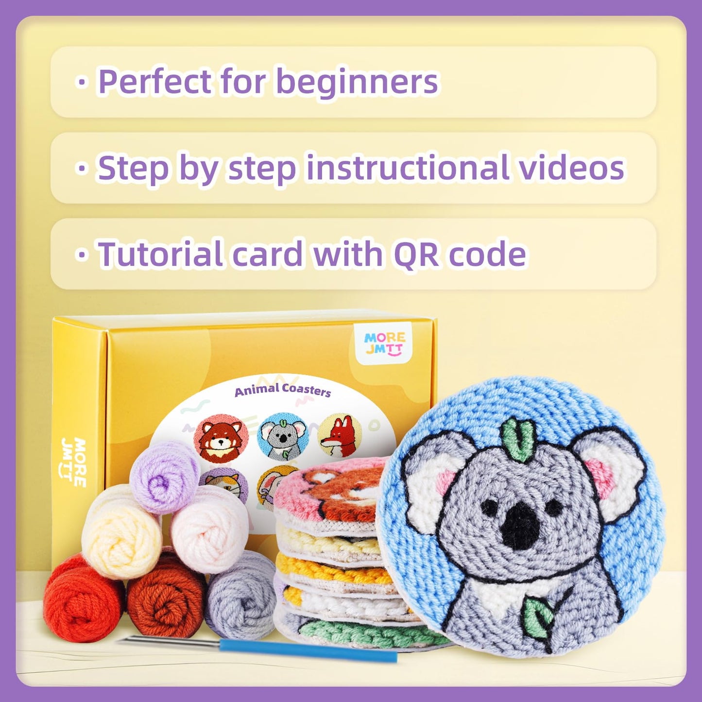 punch needle kit-6,embroidery kit for beginners,punch needle kits adults beginner,needles, curved scissors, a tool storage box, yarn, easy-to-follow instructions, and tutorial videos(6 animal coaster)