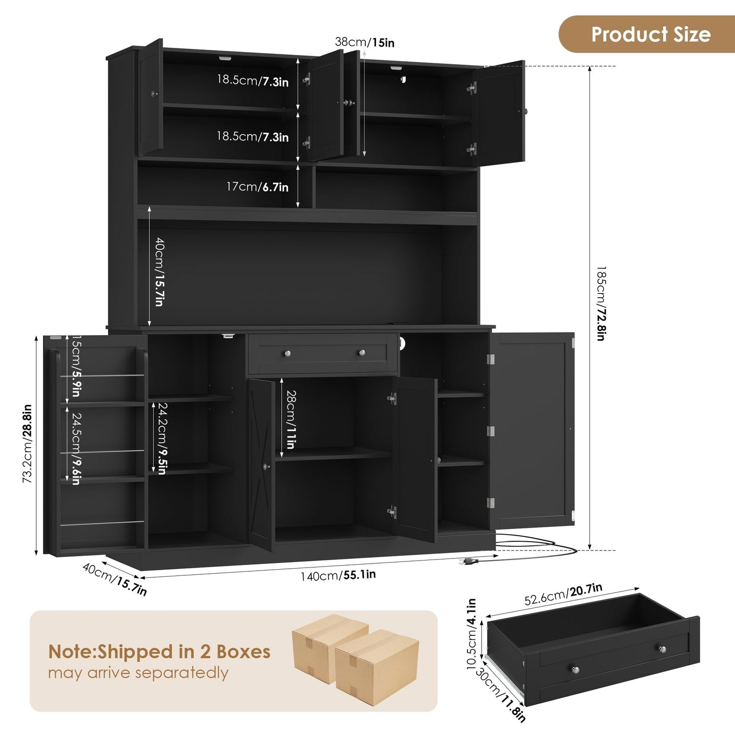 HIFIT 72.8” LED Kitchen Pantry Cabinet with Charging Station, 55” Wide Pantry Storage Cabinet with Large Countertop&Shelves&Drawers, Farmhouse Kitchen Hutch Coffee Bar for Living Room, Black