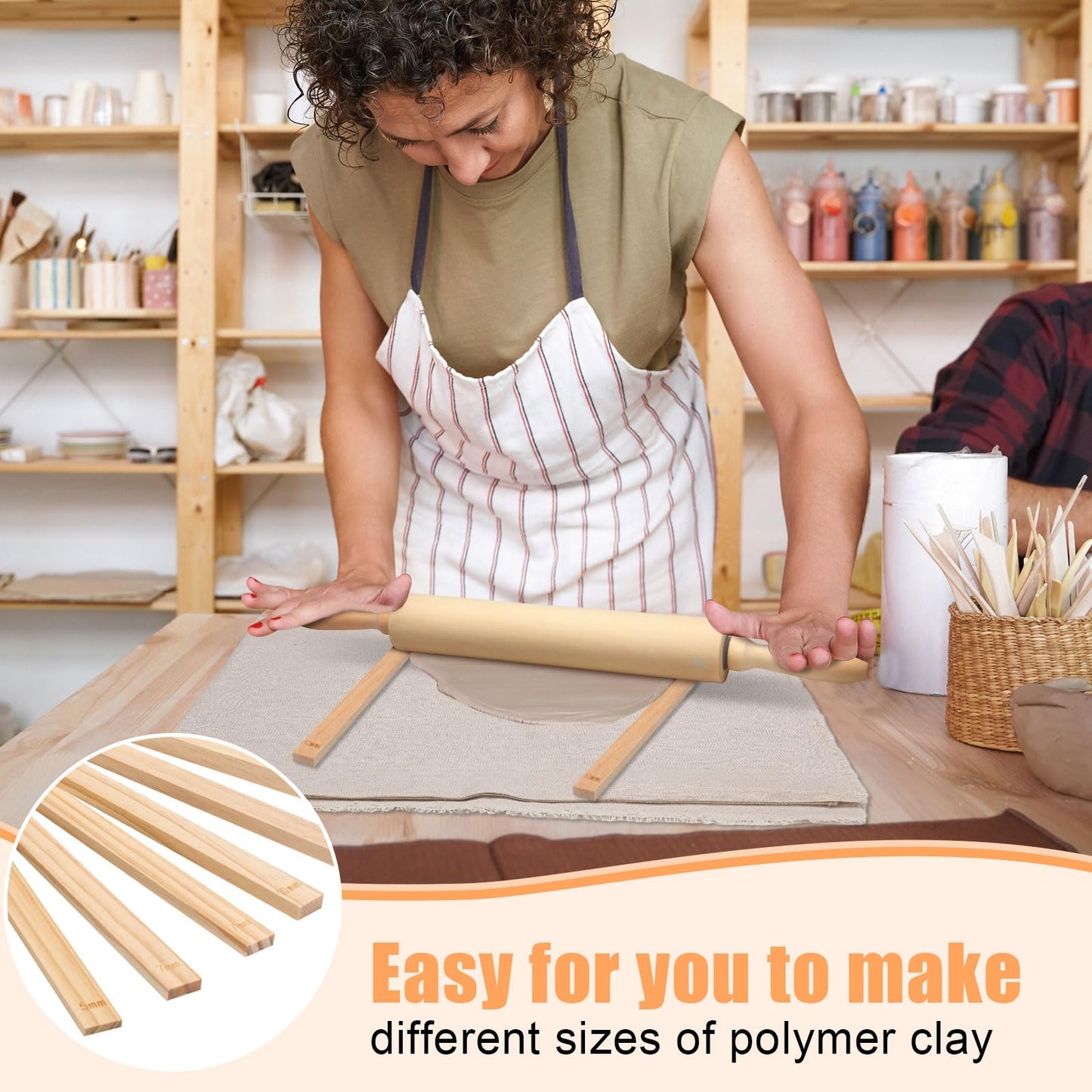 Newtay 12 Pcs Pottery Tools Include 1 Wood Rolling Pin Sculpting Polymer Clay Tools 1 Portable Pottery Wedging Board/Linen Tablecloth and 10 Pcs 5 Size Teaching Rolling Mud Stick Guide (Tablecloth)