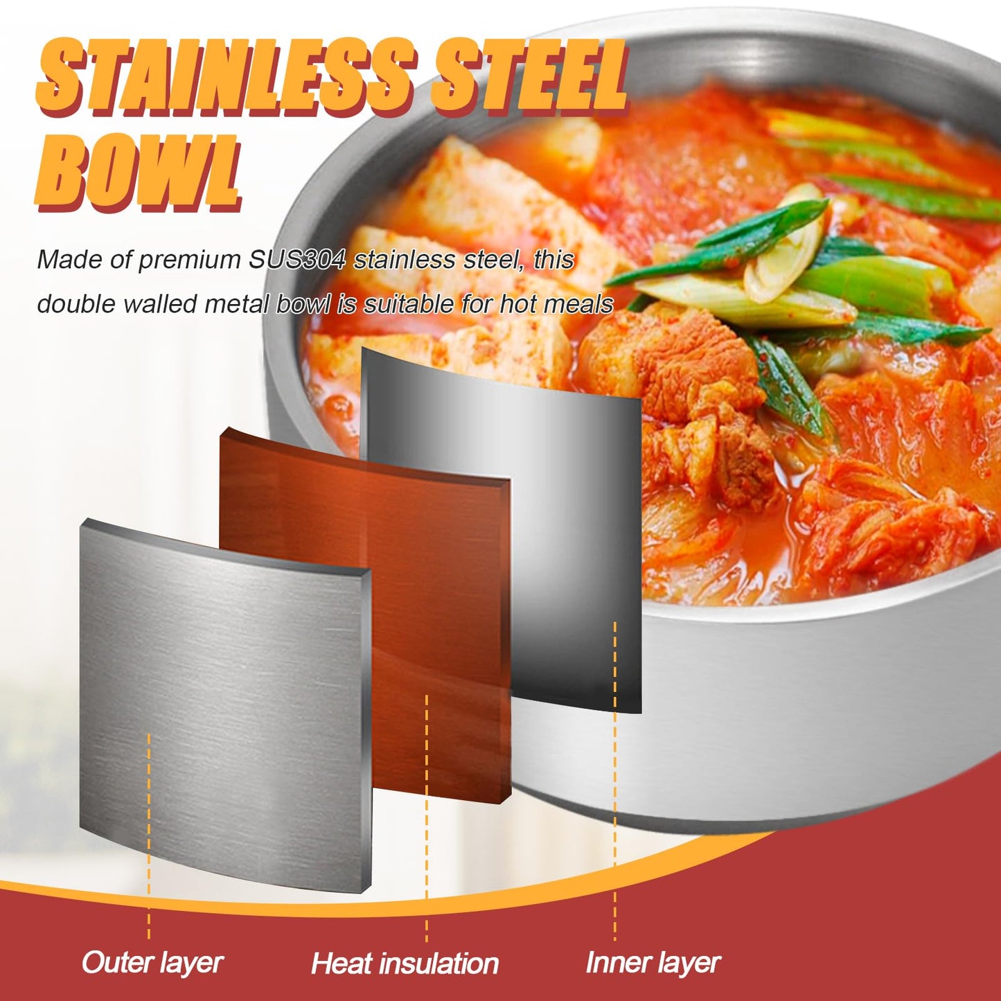 Aynaxcol Stainless Steel Rice Bowl with Lid, Set of 2, for Korean Kitchen Restaurant, Double-walled Metal Bowls, Multi-Purpose Insulated Soup Bowls Snacks Bowls (13cm Silver)