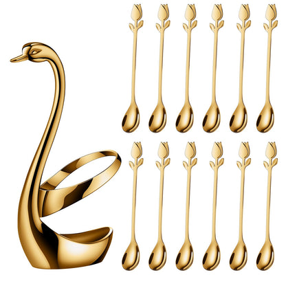 SGVRPVZ Gold Small Coffee Spoon Holder Set,Swan Base With 12 Pcs Demitasse Espresso Spoons Set,6" Mini Tulip/Rose Dessert Spoon,Stainless Steel Tea Spoons