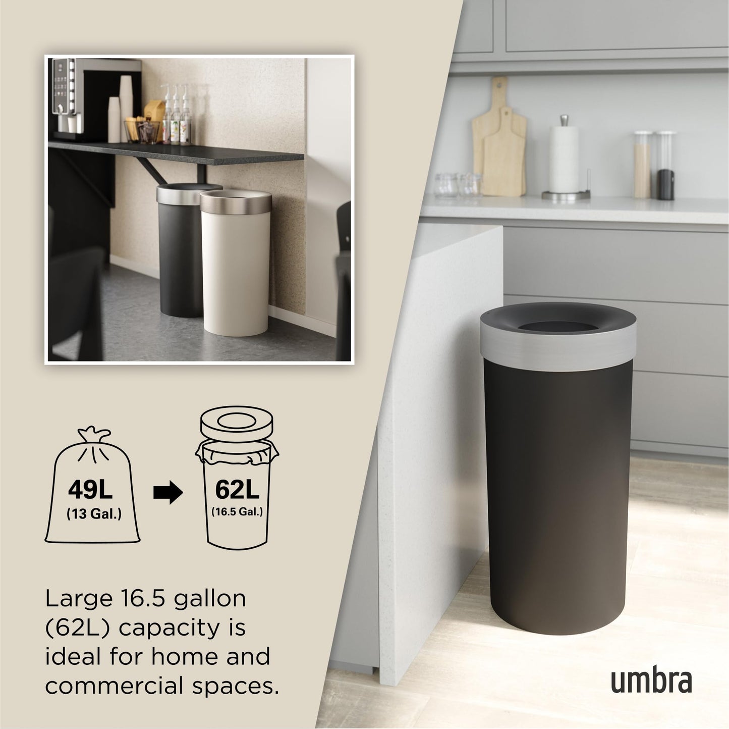 Umbra Vento Kitchen Trash Can – Large 16 Gal (62 L) Open Top Garbage Can for Home & Office – Modern Clean Design, Black/Nickel