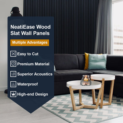 NeatiEase Wood Panels for Wall, 4-Piece 94.5" x 11" Soundproof Wood Slat Wall Panel for Interior Wall Decor Noise Cancelling, Acoustic Wall Panels, Sound Absorbing Panel (Black)