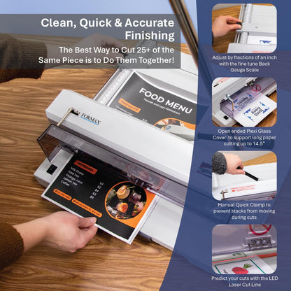FORMAX Cut-True 13M Tabletop Manual Guillotine Cutter, Manual lever handle, 14.5” Maximum Cutting Width, 5/8” Maximum Paper Stack Height, 1.58” Narrow Cut, LED Laser Cut Line, Blade Change Handles