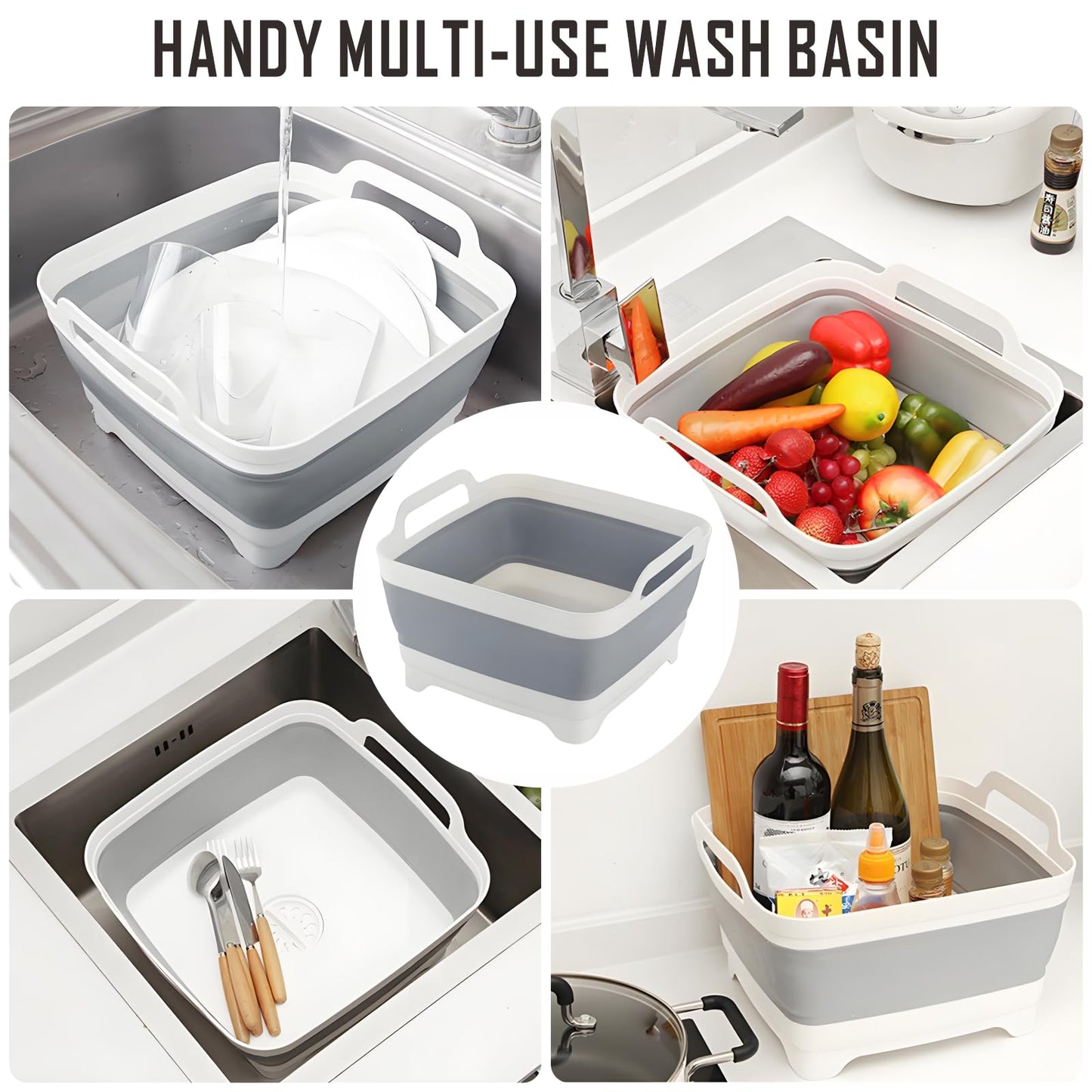 Collapsible Dish Basin with Drain Plug, 9L 2.4 Gallon Portable Wash Basin Dishpan Space Saving Dish Washing Tub Foldable Sink Tub Kitchen Storage Tray Grey