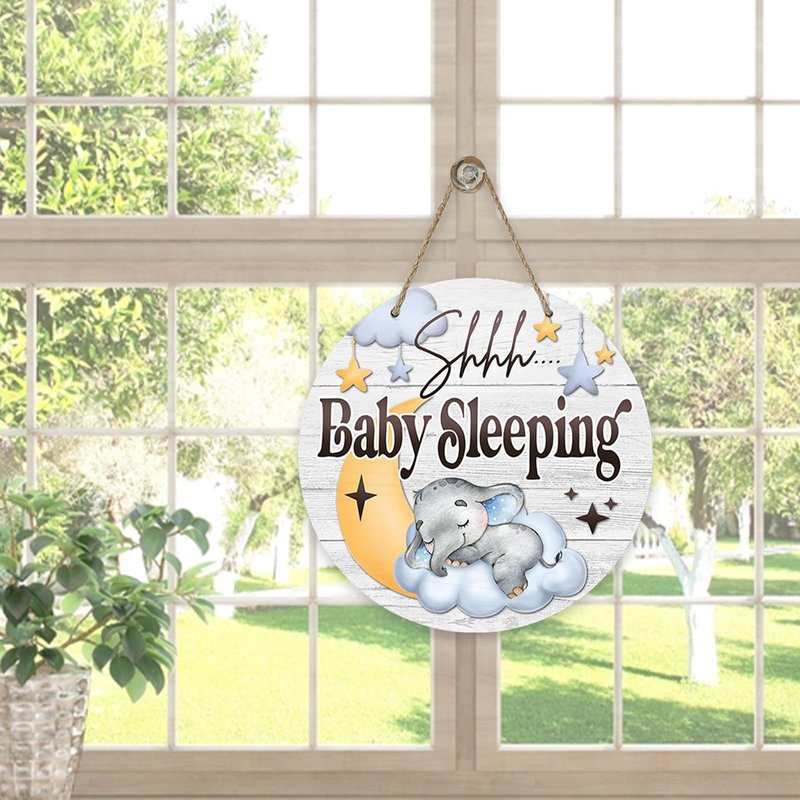 Shhh Baby Sleeping Front Door Sign, Elephant Moon Cloud Stars Wood Door Hanger Nursery Kids Bedroom Decor, Infant Toddler Baby Boy Girl Room Rustic Wooden Wreath Indoor Wall Hanging Decoration
