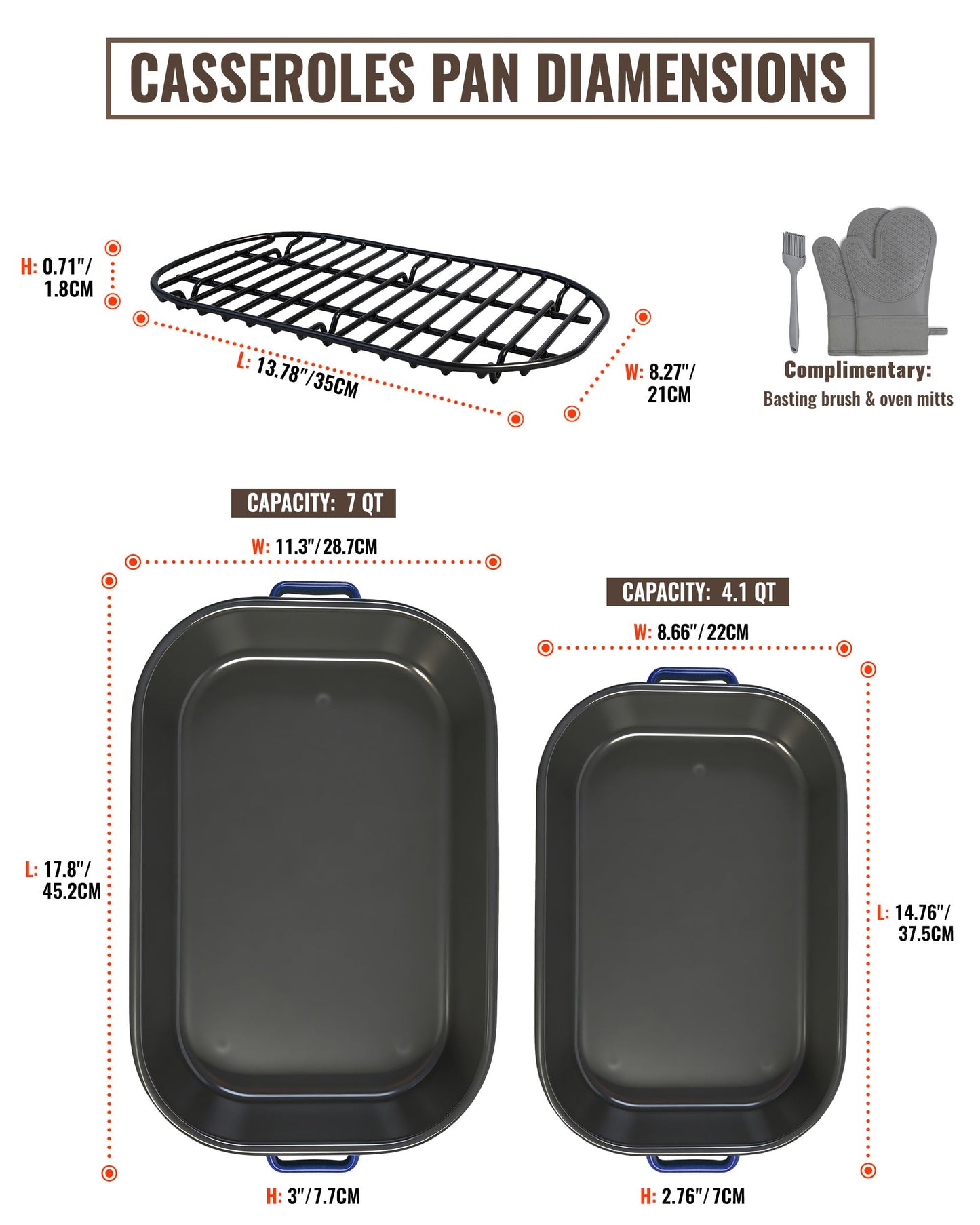 MCCSI Casserole Dishes for Oven Lasagna Pan 6-Piece Set with Handle & Rack 14&17 Inch Large Baking Deep Enamel Roasting Pan, Heat Resistance Dishwasher Safe Non-Stick Bakeware Mothers Day Wedding Gift