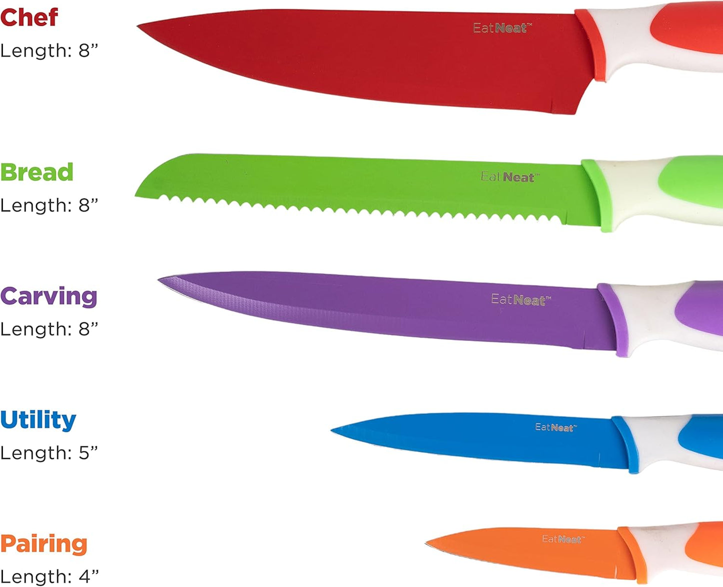 EatNeat 12 Piece Knife and Cutting Board Set, Colorful Non-Stick Stainless Steel Chef Knives with Sheaths & Sharpener