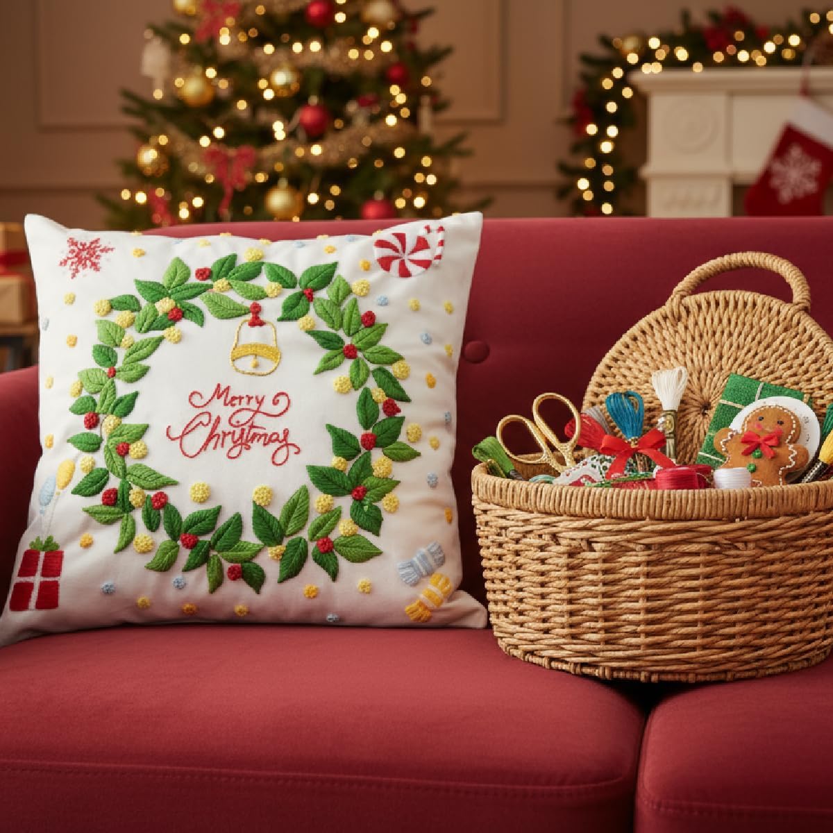 GQKHSS DIY Embroidery Kit, Decorative Pillow Cover with Floral Design,18 x 18'',Complete Starter Set with Thread and Tools,No Pillow Core (Garland)
