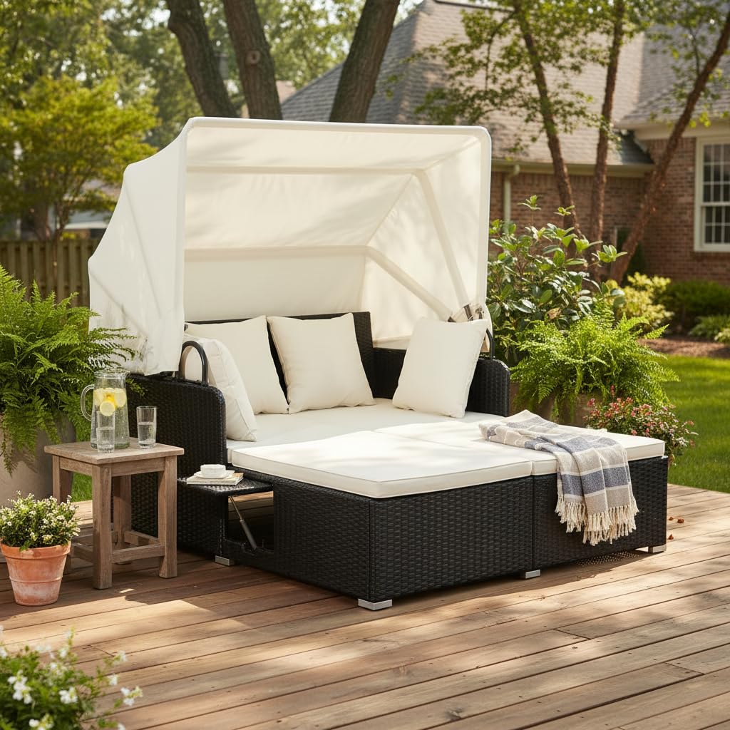 Tangkula Patio Rattan Daybed with Retractable Canopy, Outdoor Wicker Sunbed Lounger with 2 Foldable Side Tables, Thick Seat & Back Cushions, Double Daybed for Garden, Backyard, Porch (Off White)