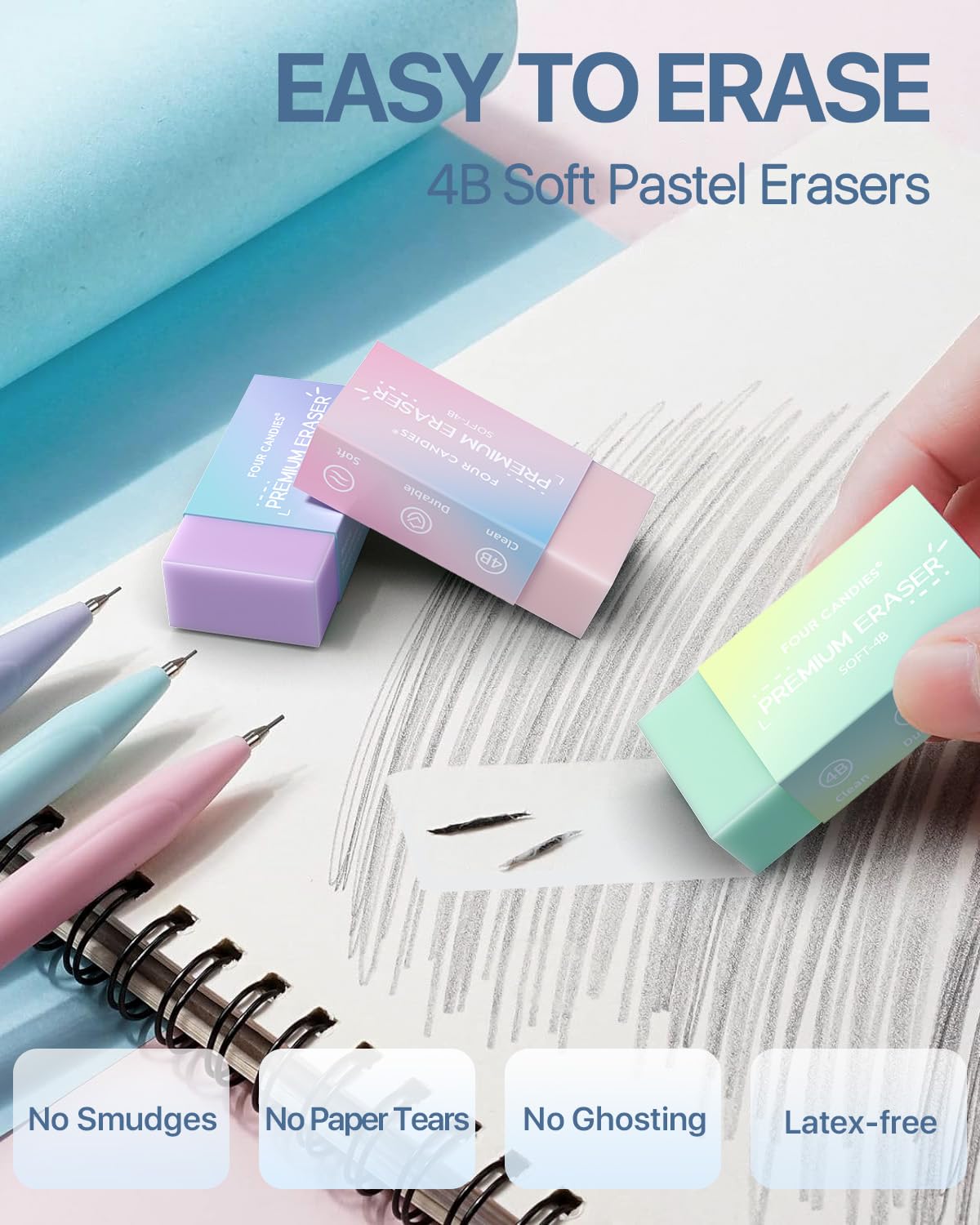 Four Candies Mechanical Pencils 0.7mm, with HB & 2B Lead Refills 0.7, Pastel Eraser Set & Eraser Refills, 16-Count Pack with Case, Cute Aesthetic School Supplies for Writing, Drawing and Sketching