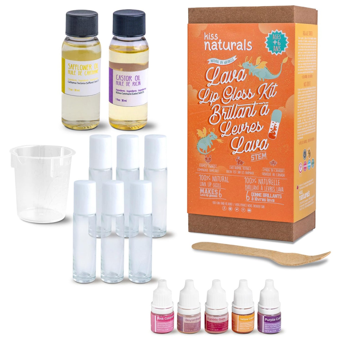 Kiss Naturals - Lava Lip Gloss Kit - With Organic Castor Oil, Safflower Oil, Coconut Oil - STEM DIY Science Kit - Make 6 Lip Gloss - 2 Natural Flavors - Birthday, Holiday, Party Gift for Girls