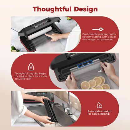 95KPa Vacuum Sealer Machine for Food, Automatic with Dual 12mm Heat Seal, 10-in-1 Modes, Built-in Cutter & Bag Storage, Includes 1 Roll and 10 Pre-Cut Bags