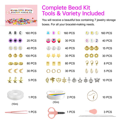 Redtwo 3mm 44500pcs Glass Seed Beads Kit, 7 Boxes 144 Colors Small Beads for Bracelets, Friendship Bracelet Kit with Charms and Letters