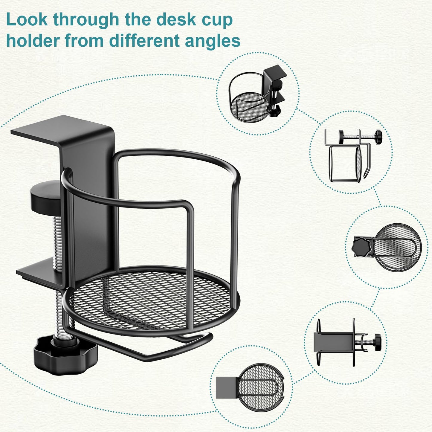 2-in-1 Desk Cup Holder with Headphone Hanger,Anti-Spill Table Water Bottle Holder,Clamp On Table Metal Drinking Holder,Compatible with Universal Cups/Bottles/Mugs/Cans/Tumblers/Thermoses/Glass,1Pack