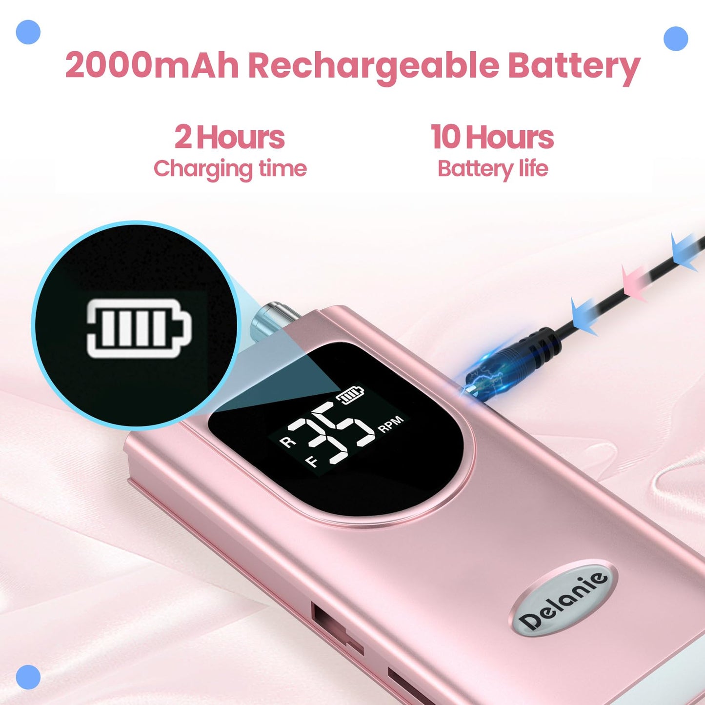 Delanie Professional Nail Drill High Torque 35000 RPM Rechargeable Portable Electric Nail File Filer for Acrylic Gel with Cuticle Bits, Salon Manicure Tool, Purple