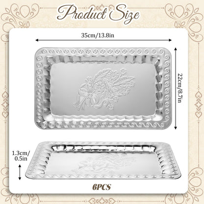 6 Pcs Silver Serving Trays, 13.8" x 8.7" Stainless Steel Rectangle Serving Tray, Decorative Silver Plates, Swirl Floral Engraved Tray, Metal Sizzler Plates for Coffee Table, Bar, Party, Club, Home