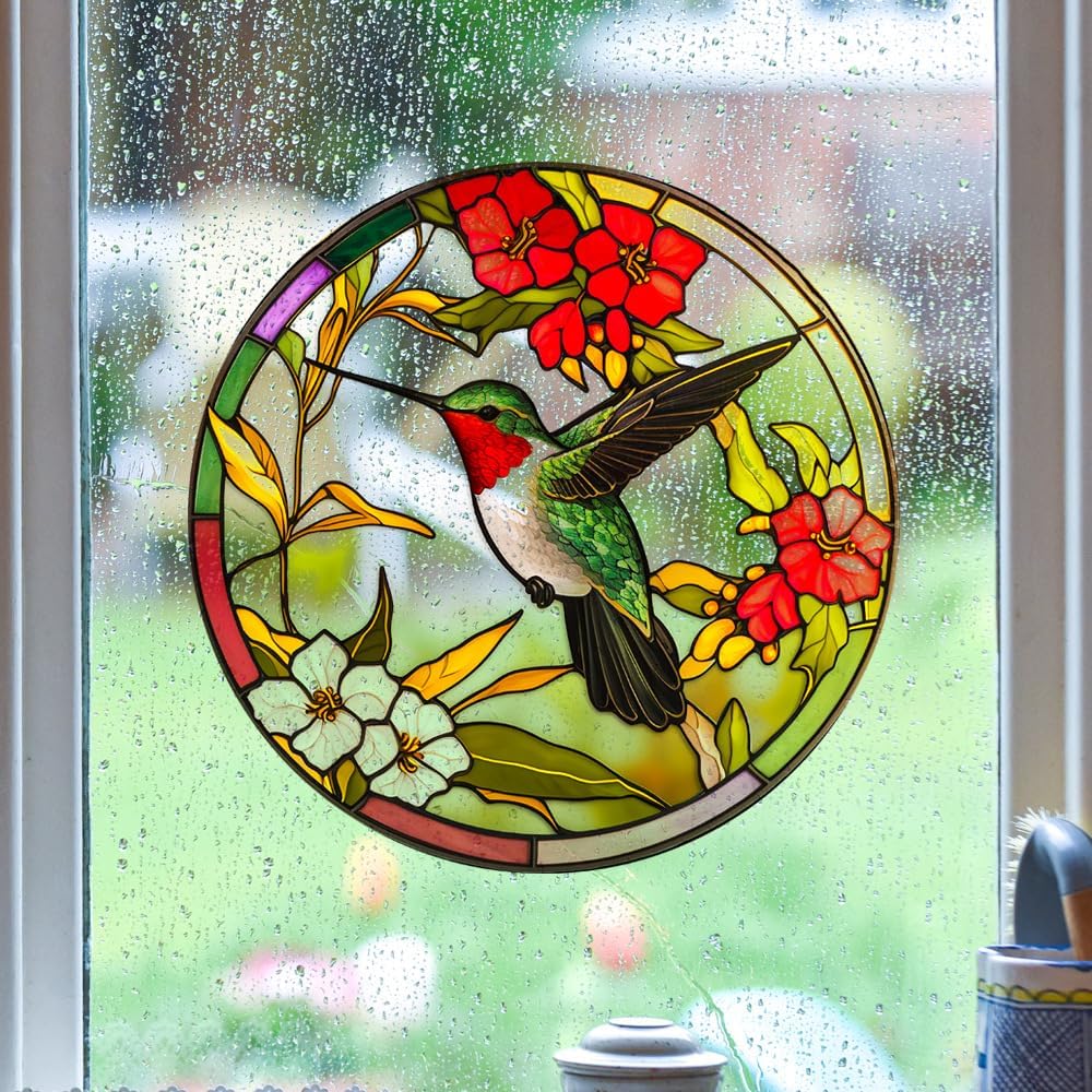 Hummingbird Static Glass Clings, Window Decals for Home Decor, Reusable Flower and Bird Design