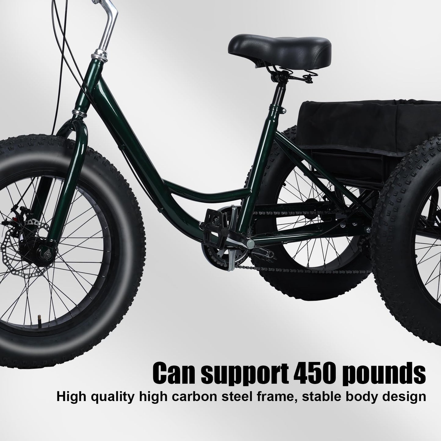 Masiunoz 20 Inch Snow Fat Tire Trike - 7 Speed Adult 3 Wheel Bicycle, Big Wheel Tricycle with Rear Cargo Basket, 450lb Capacity, Dual Disc Brakes, Comfort Seat for Seniors