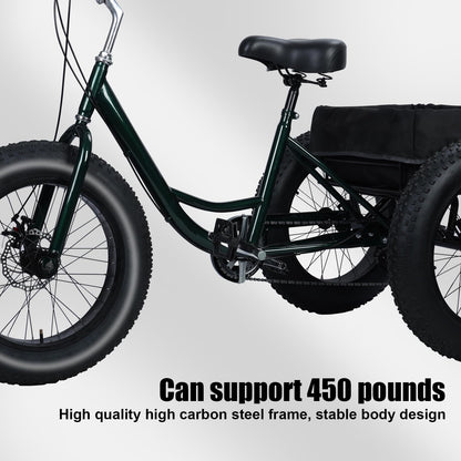 Masiunoz 20 Inch Snow Fat Tire Trike - 7 Speed Adult 3 Wheel Bicycle, Big Wheel Tricycle with Rear Cargo Basket, 450lb Capacity, Dual Disc Brakes, Comfort Seat for Seniors