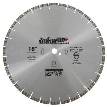 Archer PRO 18" in. Turbo Diamond Saw Blades for Fast Reinforced Concrete Cutting and Cured Concrete Cutting. for Cut-Off saws and Walk-Behind saws up to 13 HP.