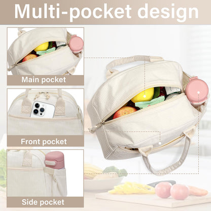 Carry bloom Lunch Box for Women, Insulated Lunch Bag Cute Corduroy Lunchbag Reusable Lunchbox for Work (bb pink corduroy)