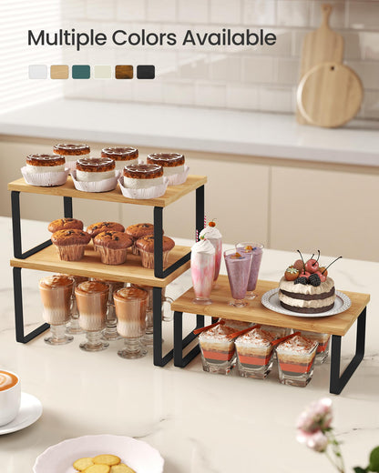SONGMICS Cabinet Organizer Shelf, Set of 3 Kitchen Counter Shelves, Kitchen Storage, Spice Rack, Stackable, Expandable, Ink Black and Natural Beige UKCS014YL03