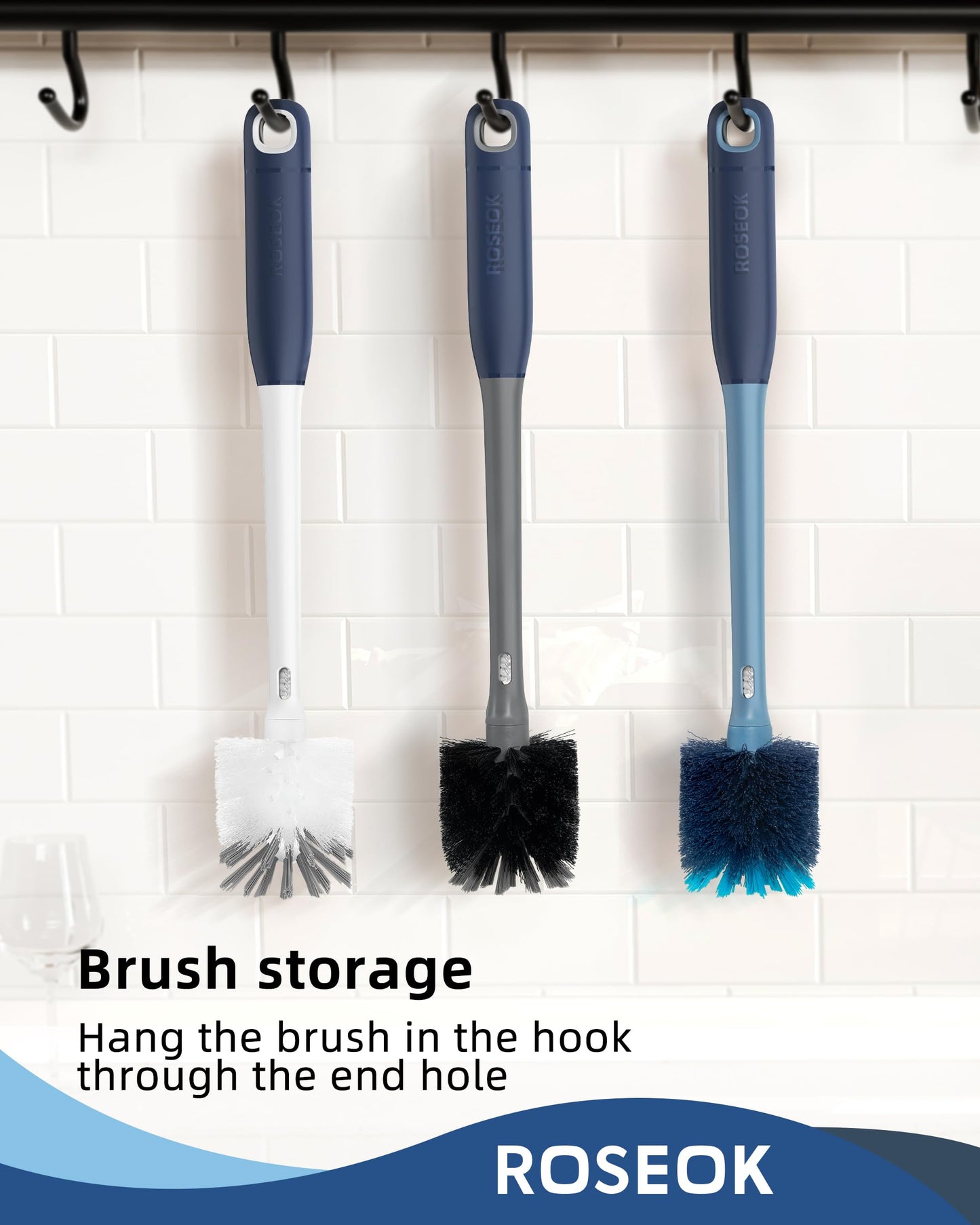 ROSEOK 2 in 1 Long Handle Bottle Brush with Straw Brush for Cleaning Glass, Sports Bottle, Coffee Mug,Navy Blue,1 Pack