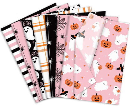 Whaline 105 Sheets Halloween Tissue Papers 7 Designs Pink Orange Black Wrapping Paper Ghost Pumpkin Spider Web Decorative Art Paper for DIY Crafts, 14 x 20 Inch